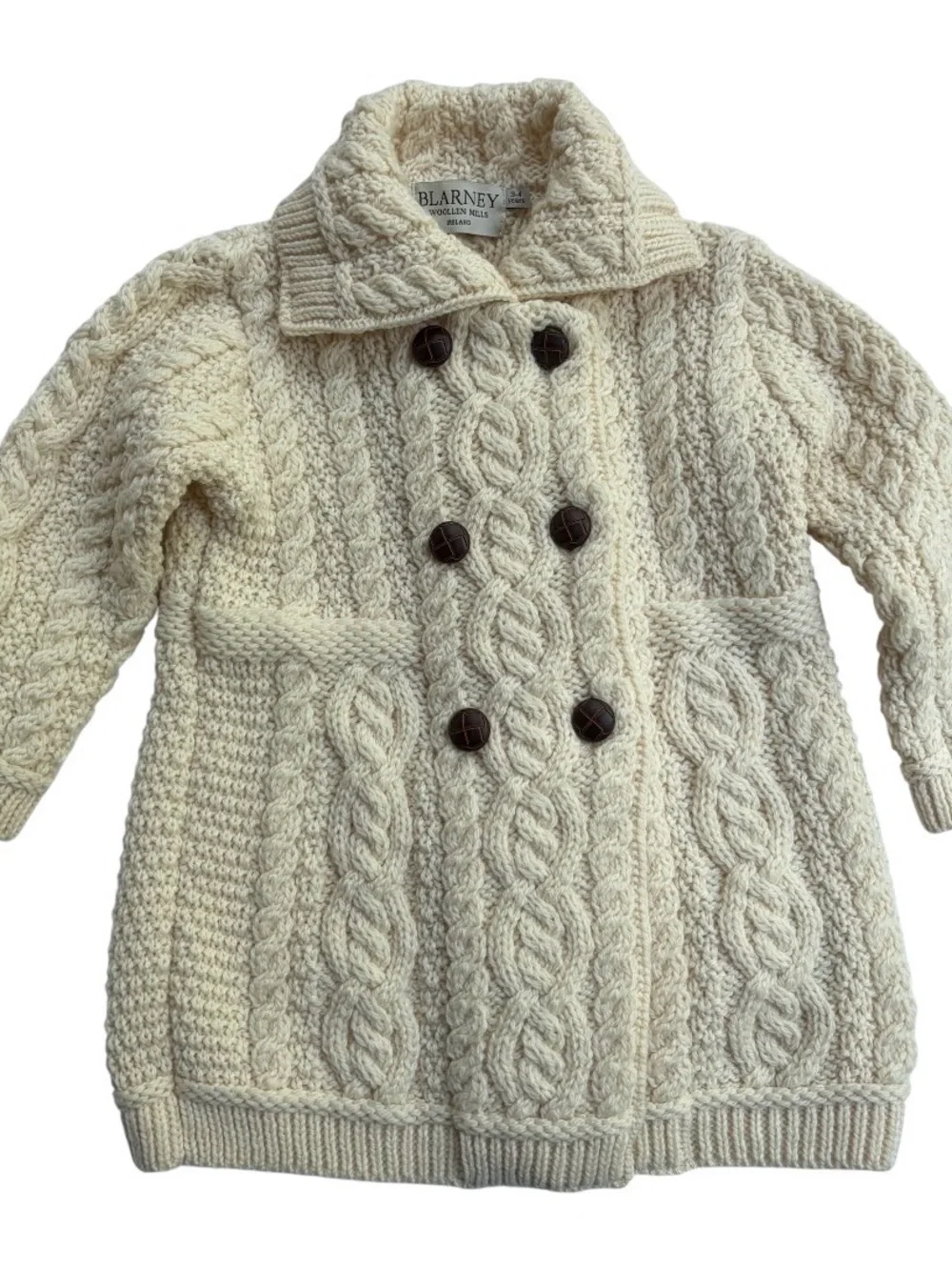 Double Breasted Aran 100% Wool  Kids Coat From Blarney woolen Mills Sz 3-4 Years